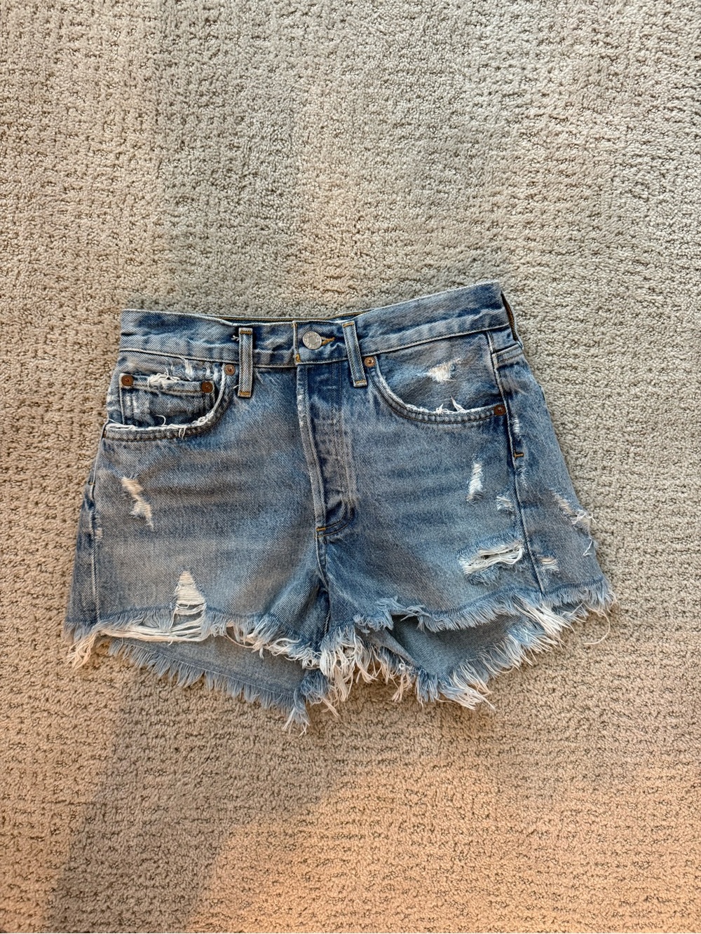 Agolde Light Blue Distressed Frayed Hem Jean Shorts
